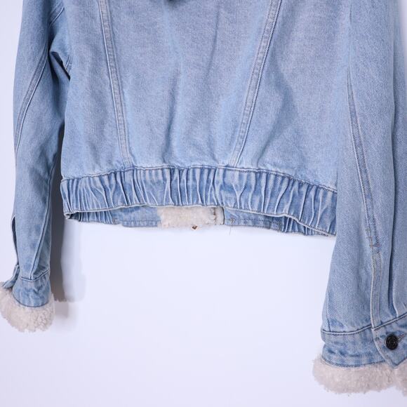 WE THE FREE Perry Hooded Denim Jacket Blue Oversized Cropped Fleece Women's XS - Picture 7 of 10
